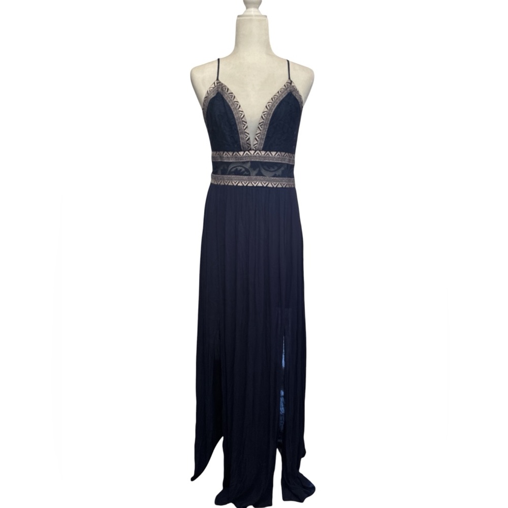 Soieblu Navy Maxi Dress with Crochet Lace Detail Empire Waist L